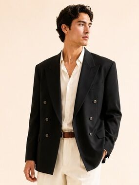 Vintage 80s Power Shoulder Double Breasted Wool Blazer Black Sz 44R